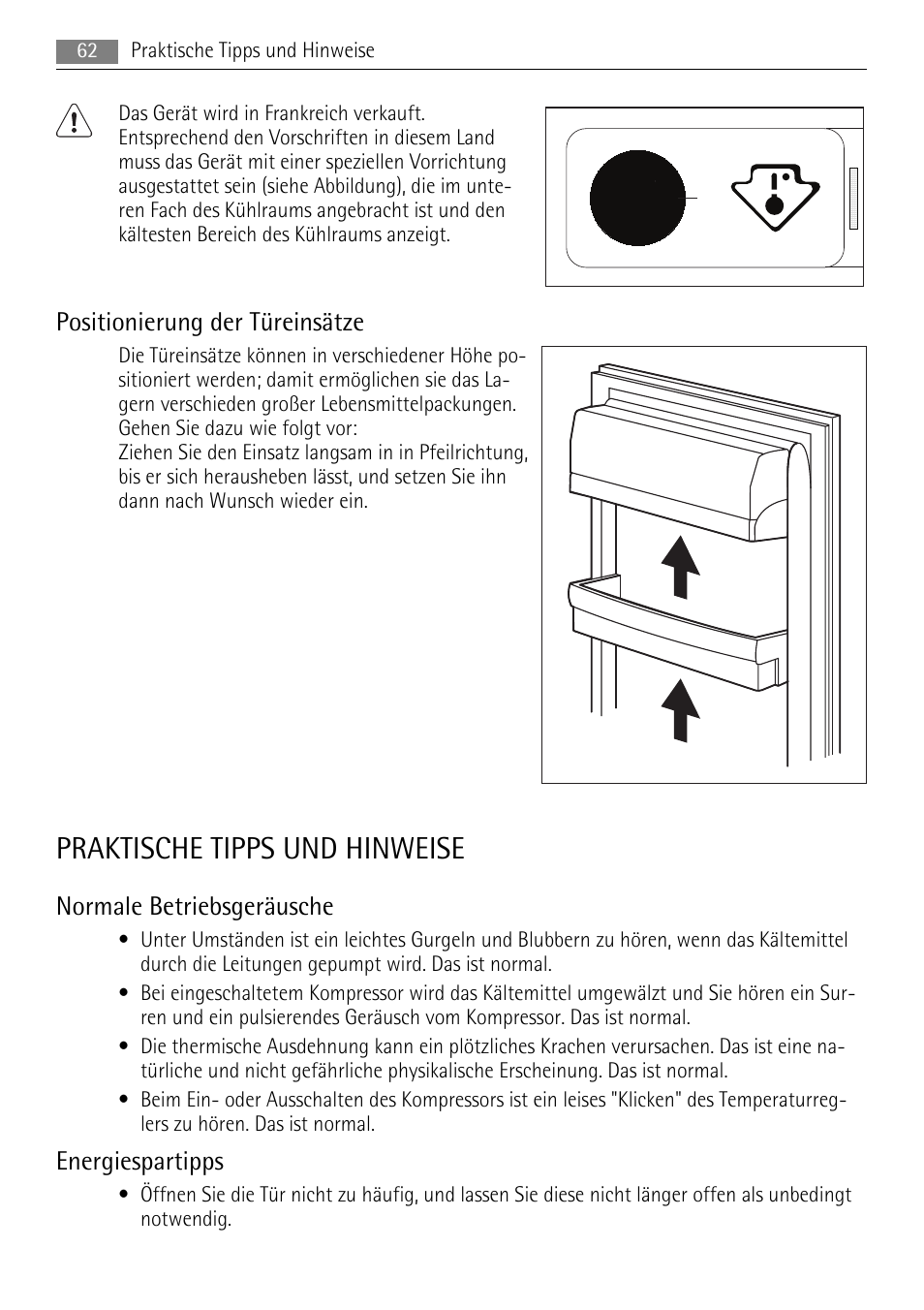 Praktische tipps und hinweise, Positionierung der türeinsätze, Normale betriebsgeräusche | Energiespartipps | AEG SKS48840S0 User Manual | Page 62 / 76