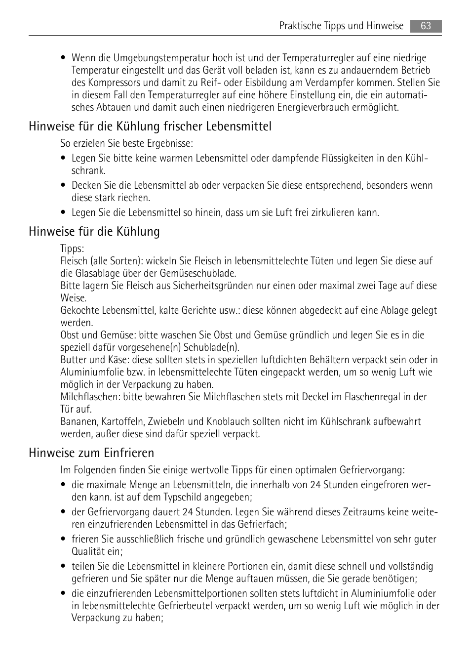 Hinweise für die kühlung frischer lebensmittel, Hinweise für die kühlung, Hinweise zum einfrieren | AEG SKS48840S0 User Manual | Page 63 / 76
