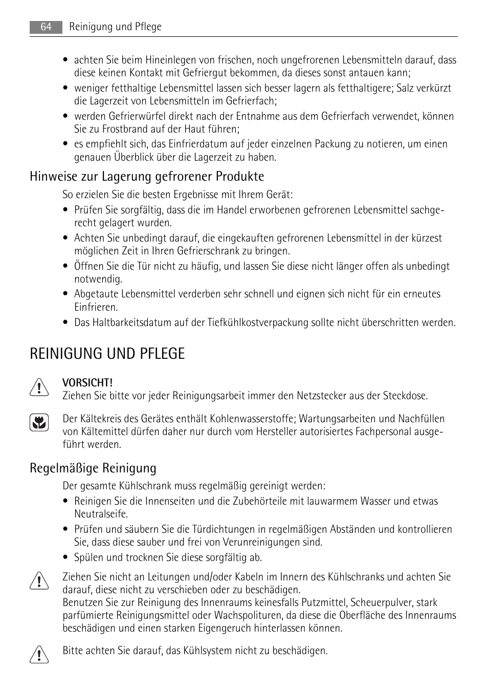 Reinigung und pflege, Hinweise zur lagerung gefrorener produkte, Regelmäßige reinigung | AEG SKS48840S0 User Manual | Page 64 / 76