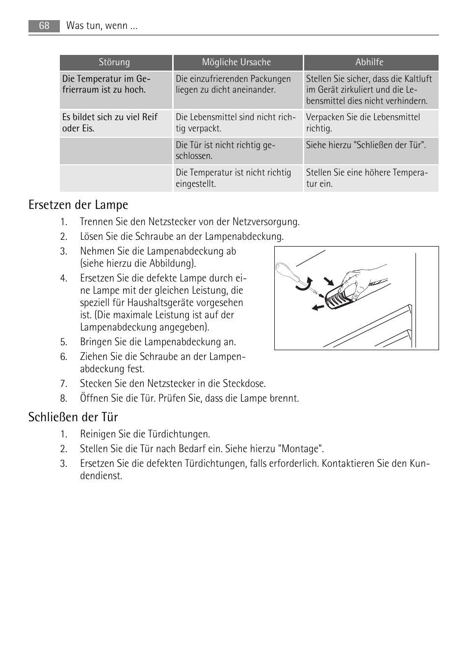 Ersetzen der lampe, Schließen der tür | AEG SKS48840S0 User Manual | Page 68 / 76