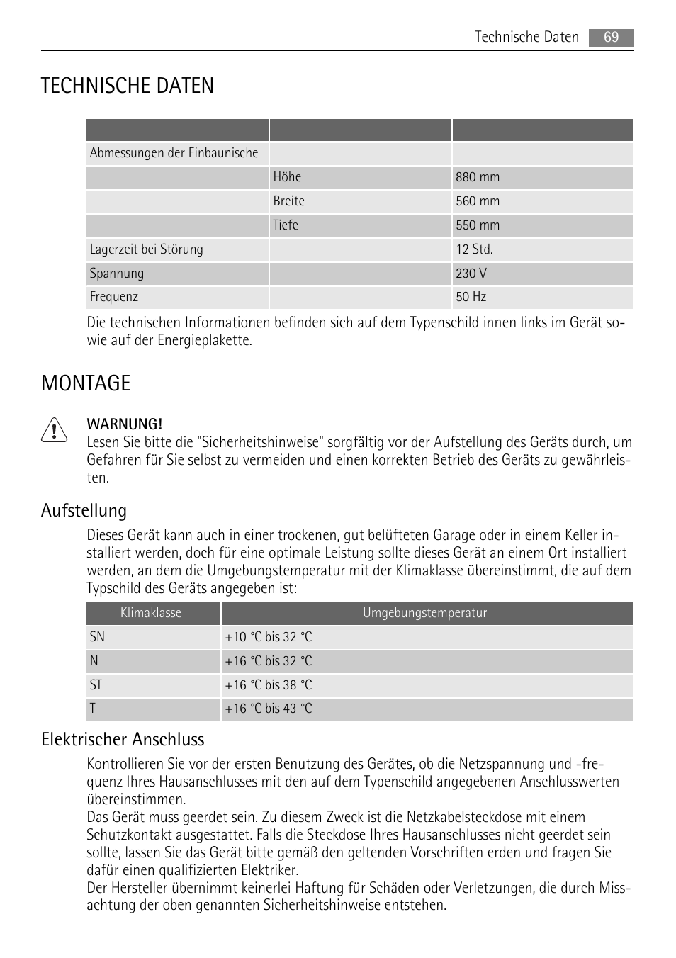 Technische daten, Montage, Aufstellung | Elektrischer anschluss | AEG SKS48840S0 User Manual | Page 69 / 76