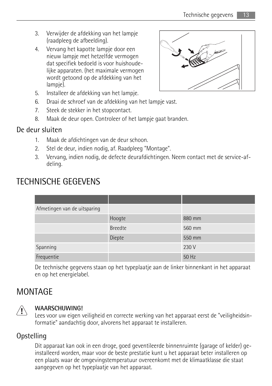 Technische gegevens, Montage, De deur sluiten | Opstelling | AEG SKS48800S0 User Manual | Page 13 / 64