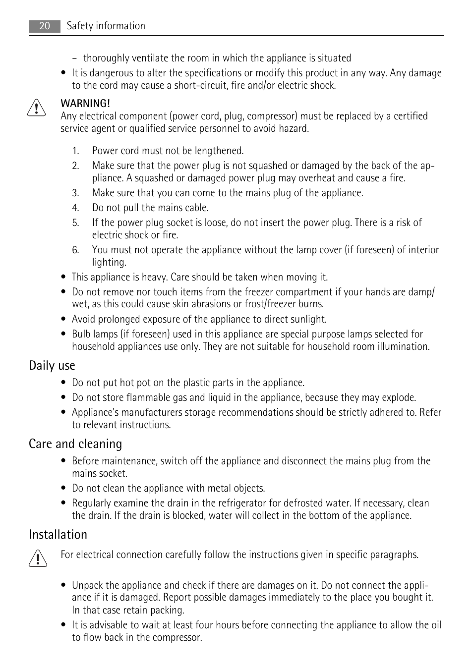 Daily use, Care and cleaning, Installation | AEG SKS48800S0 User Manual | Page 20 / 64