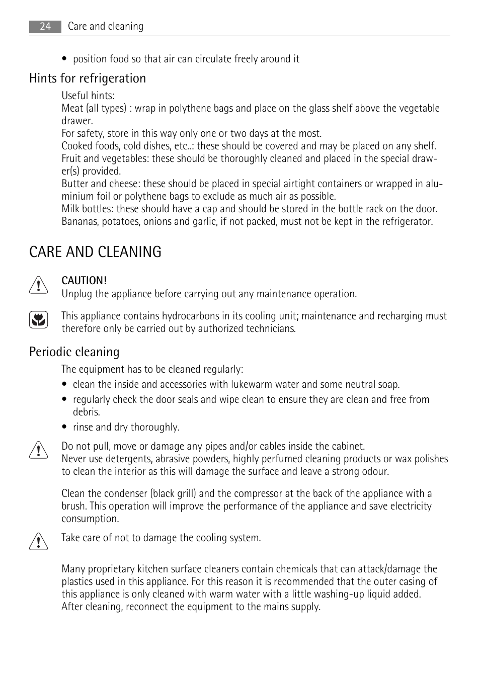 Care and cleaning, Hints for refrigeration, Periodic cleaning | AEG SKS48800S0 User Manual | Page 24 / 64