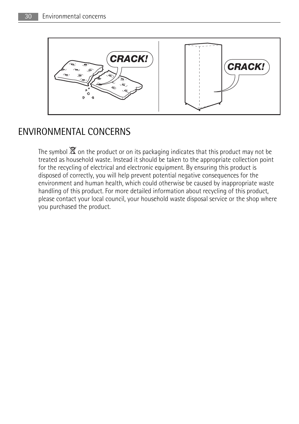 Environmental concerns, Crack | AEG SKS48800S0 User Manual | Page 30 / 64