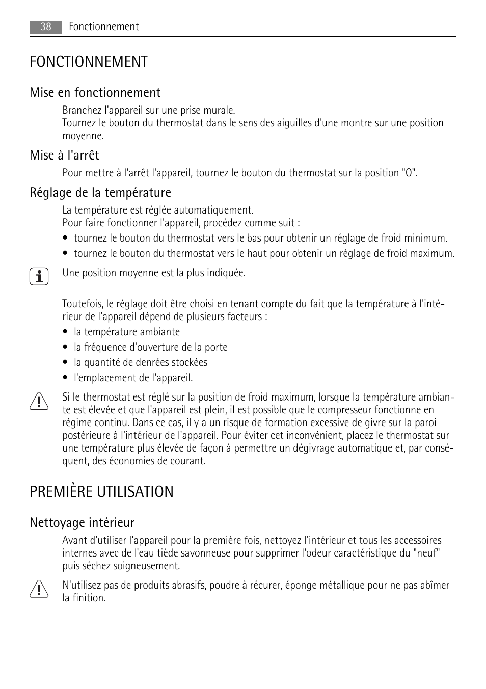 Fonctionnement, Première utilisation, Mise en fonctionnement | Mise à l'arrêt, Réglage de la température, Nettoyage intérieur | AEG SKS48800S0 User Manual | Page 38 / 64