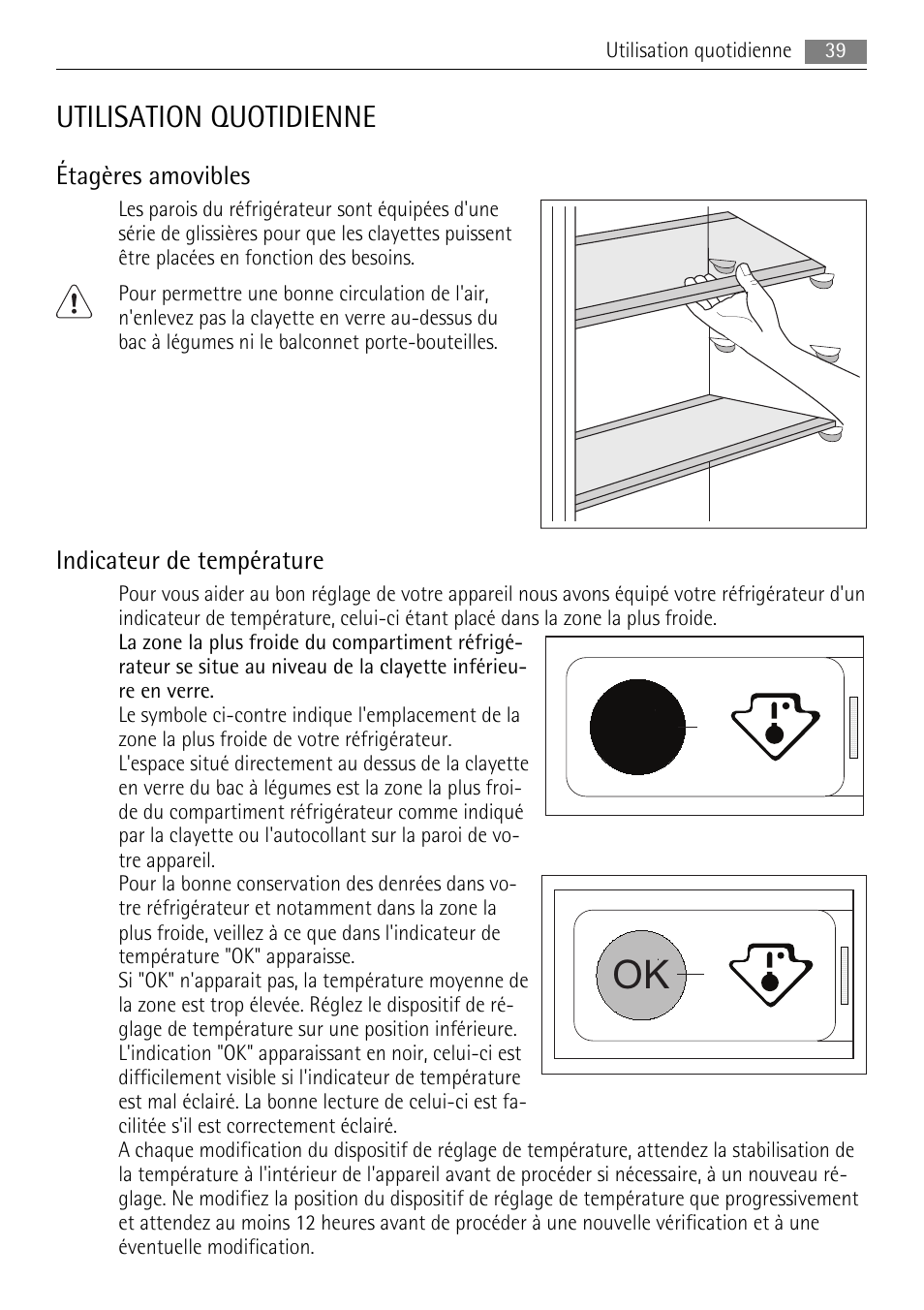 Utilisation quotidienne, Étagères amovibles, Indicateur de température | AEG SKS48800S0 User Manual | Page 39 / 64