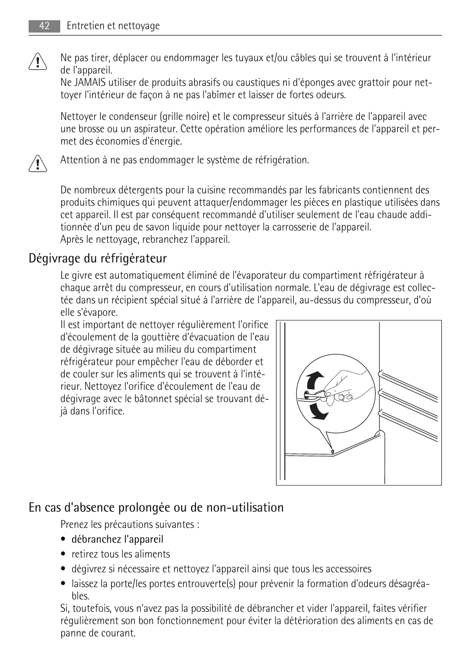 Dégivrage du réfrigérateur, En cas d'absence prolongée ou de non-utilisation | AEG SKS48800S0 User Manual | Page 42 / 64