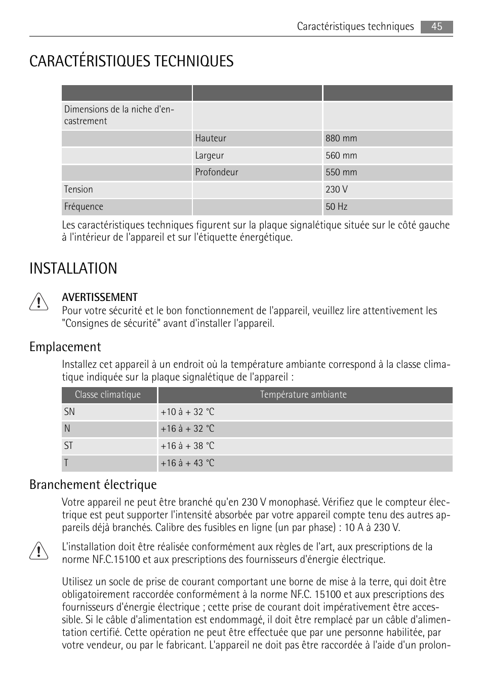 Caractéristiques techniques, Installation, Emplacement | Branchement électrique | AEG SKS48800S0 User Manual | Page 45 / 64