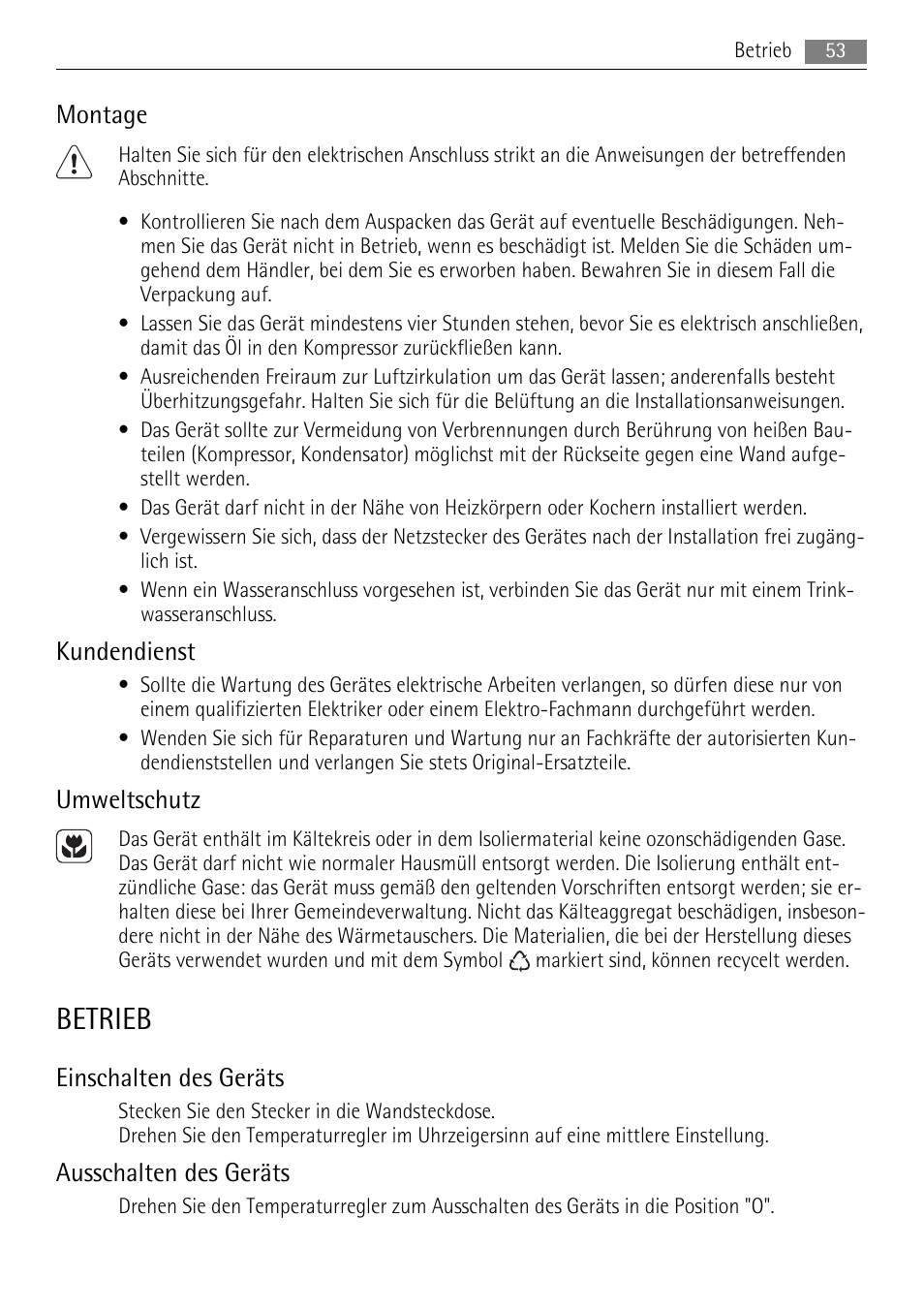 Betrieb, Montage, Kundendienst | Umweltschutz, Einschalten des geräts, Ausschalten des geräts | AEG SKS48800S0 User Manual | Page 53 / 64