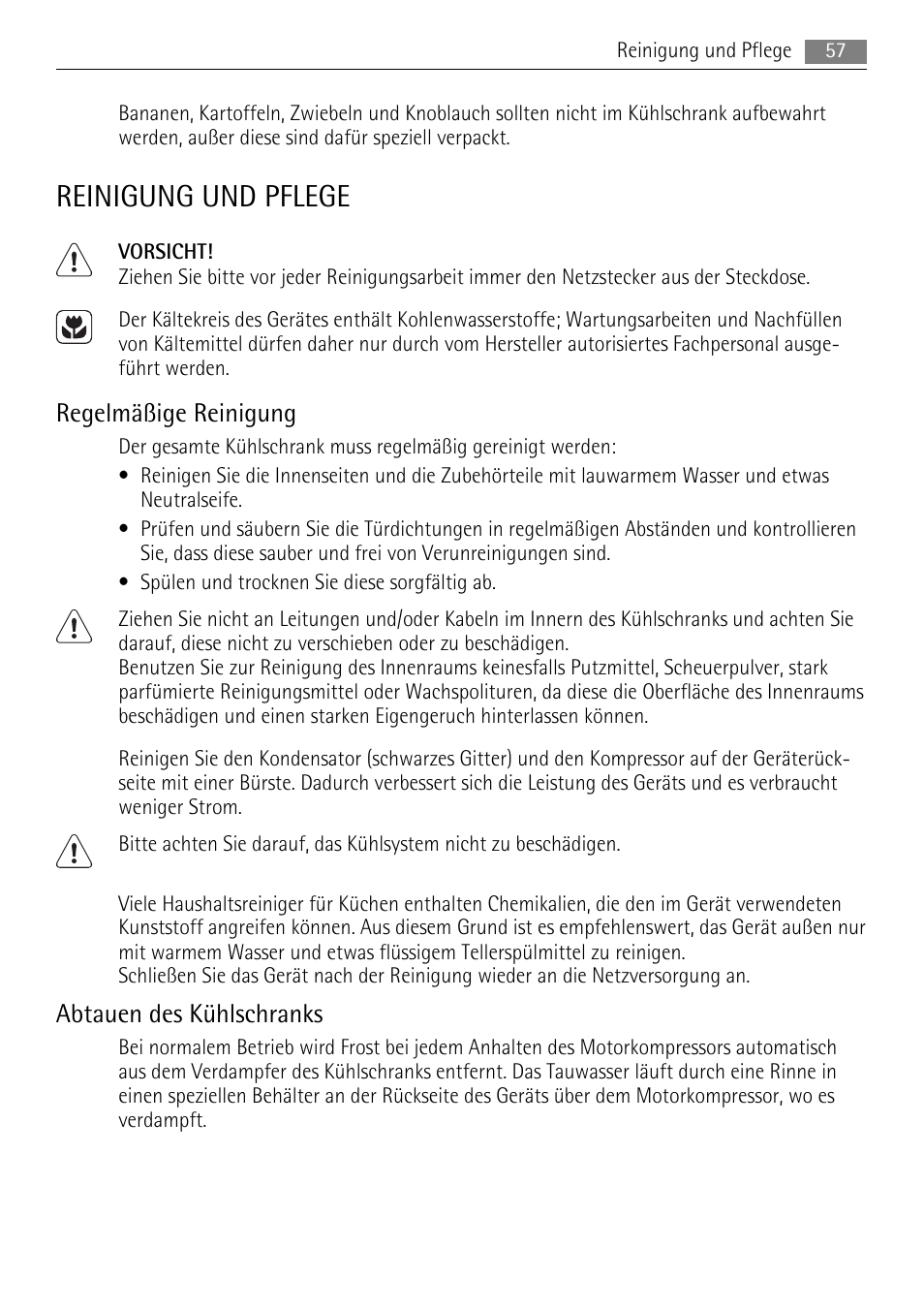 Reinigung und pflege, Regelmäßige reinigung, Abtauen des kühlschranks | AEG SKS48800S0 User Manual | Page 57 / 64