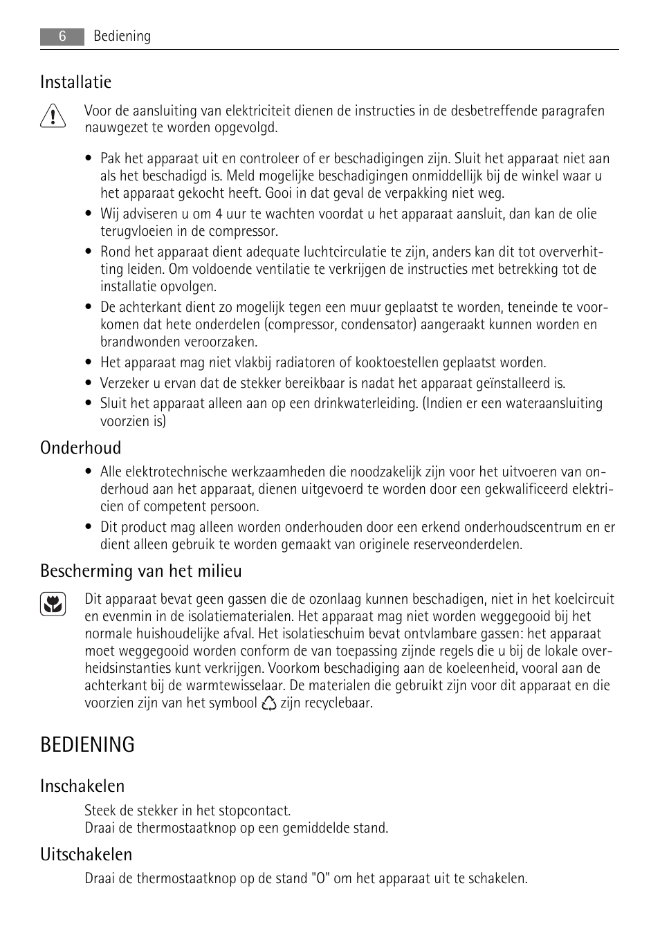 Bediening, Installatie, Onderhoud | Bescherming van het milieu, Inschakelen, Uitschakelen | AEG SKS48800S0 User Manual | Page 6 / 64