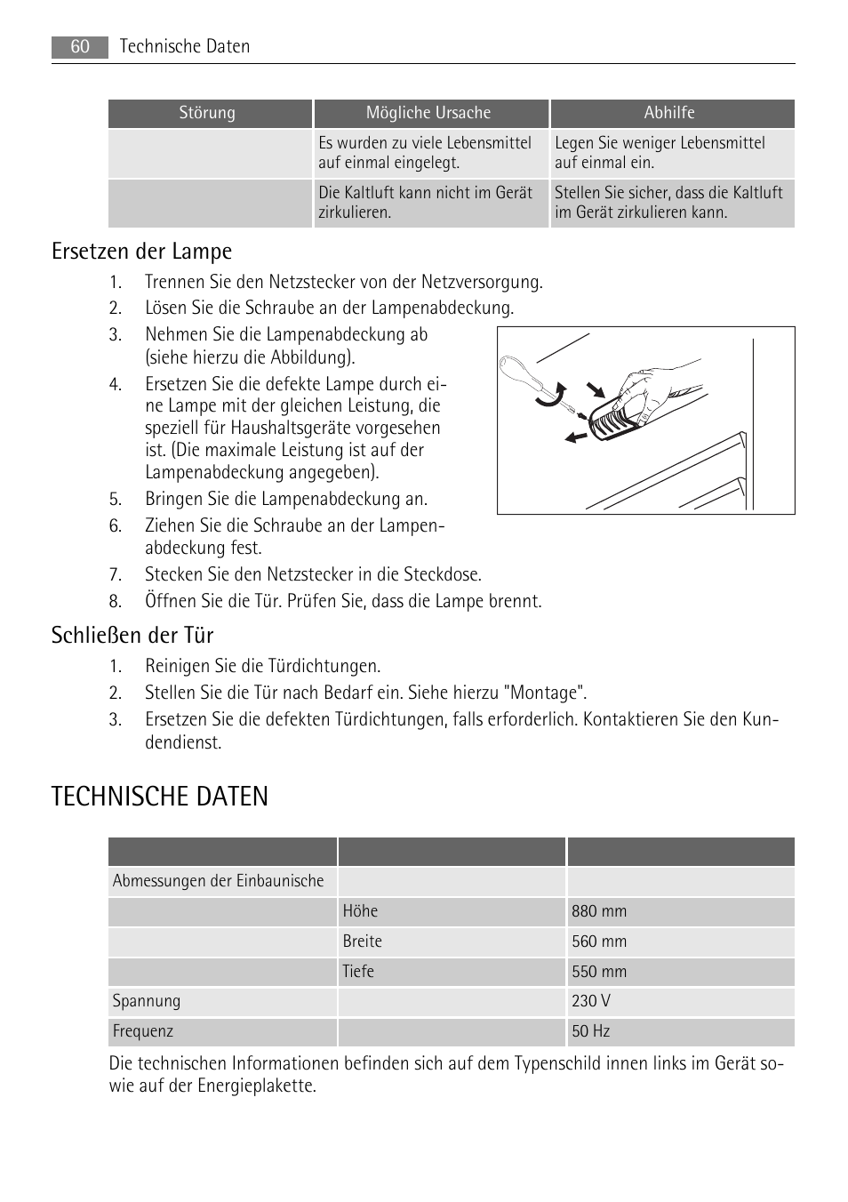 Technische daten, Ersetzen der lampe, Schließen der tür | AEG SKS48800S0 User Manual | Page 60 / 64