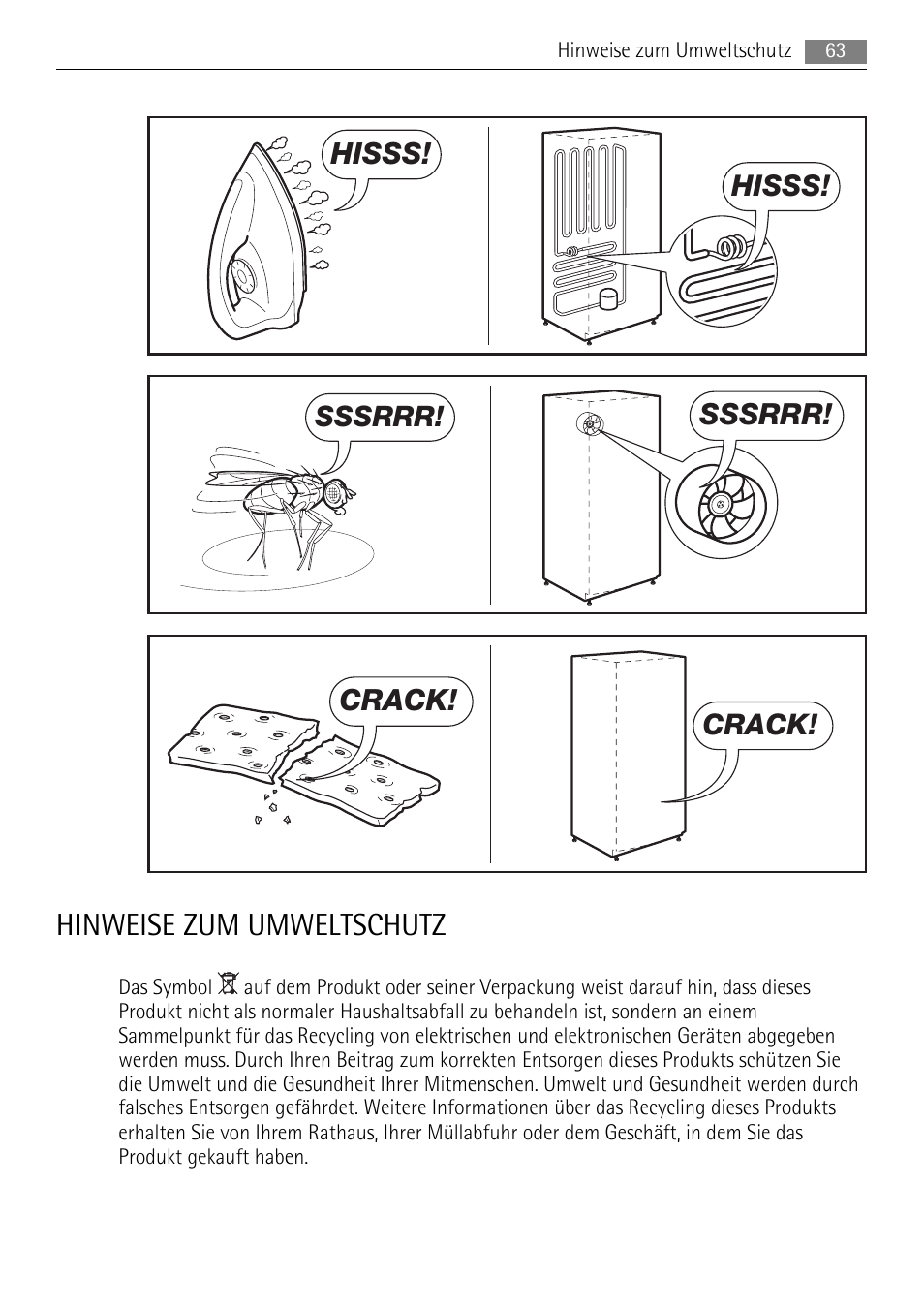 Hinweise zum umweltschutz, Hisss, Sssrrr | Crack | AEG SKS48800S0 User Manual | Page 63 / 64