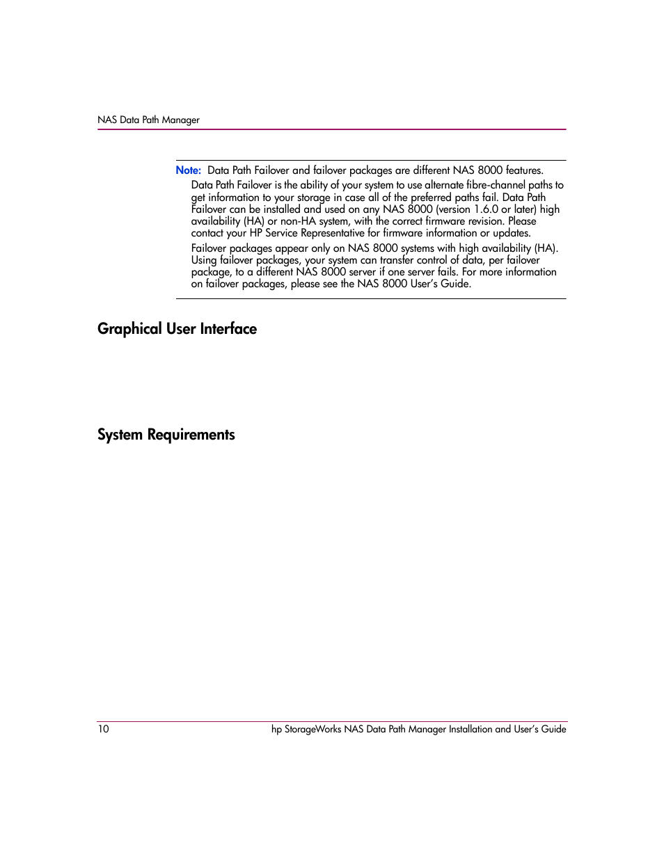 Graphical user interface, System requirements, Graphical user interface system requirements | HP StorageWorks NAS Data Path Manager Software User Manual | Page 10 / 42
