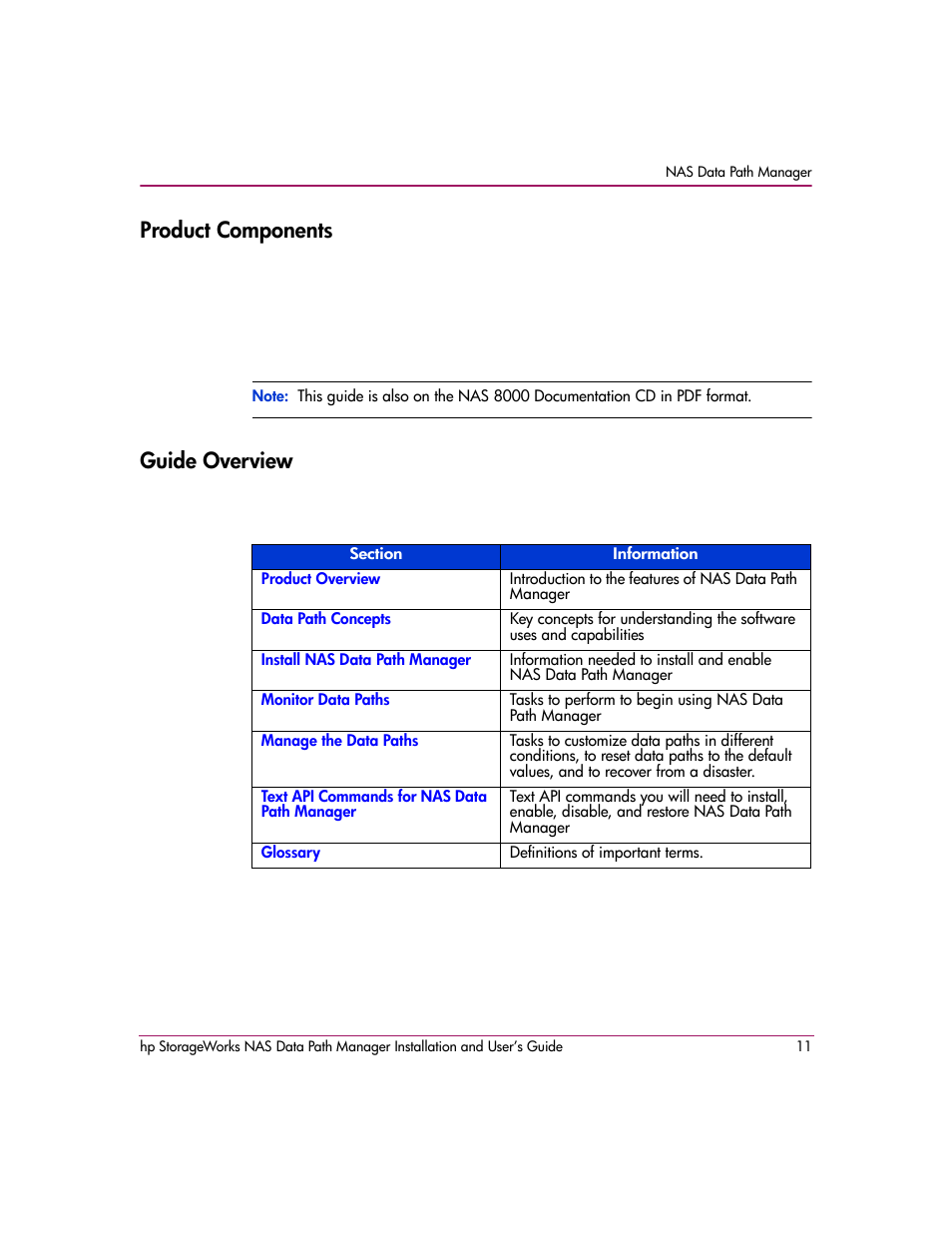 Product components, Guide overview, Product components guide overview | HP StorageWorks NAS Data Path Manager Software User Manual | Page 11 / 42