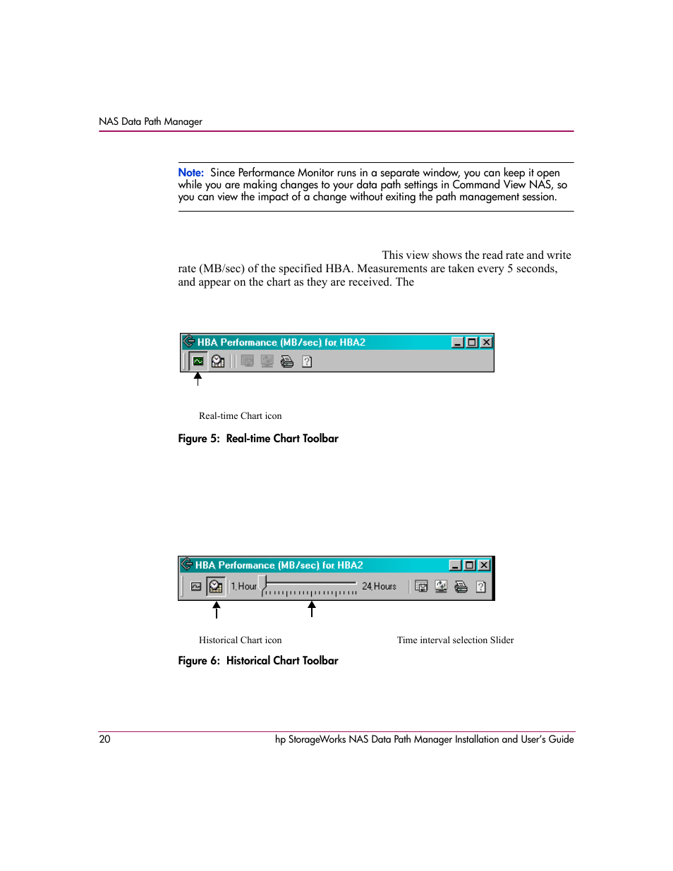 Figure 5: real-time chart toolbar, Figure 6: historical chart toolbar | HP StorageWorks NAS Data Path Manager Software User Manual | Page 20 / 42