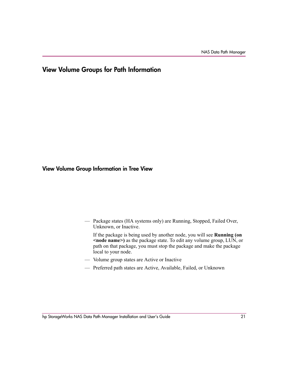 View volume groups for path information, View volume group information in tree view | HP StorageWorks NAS Data Path Manager Software User Manual | Page 21 / 42