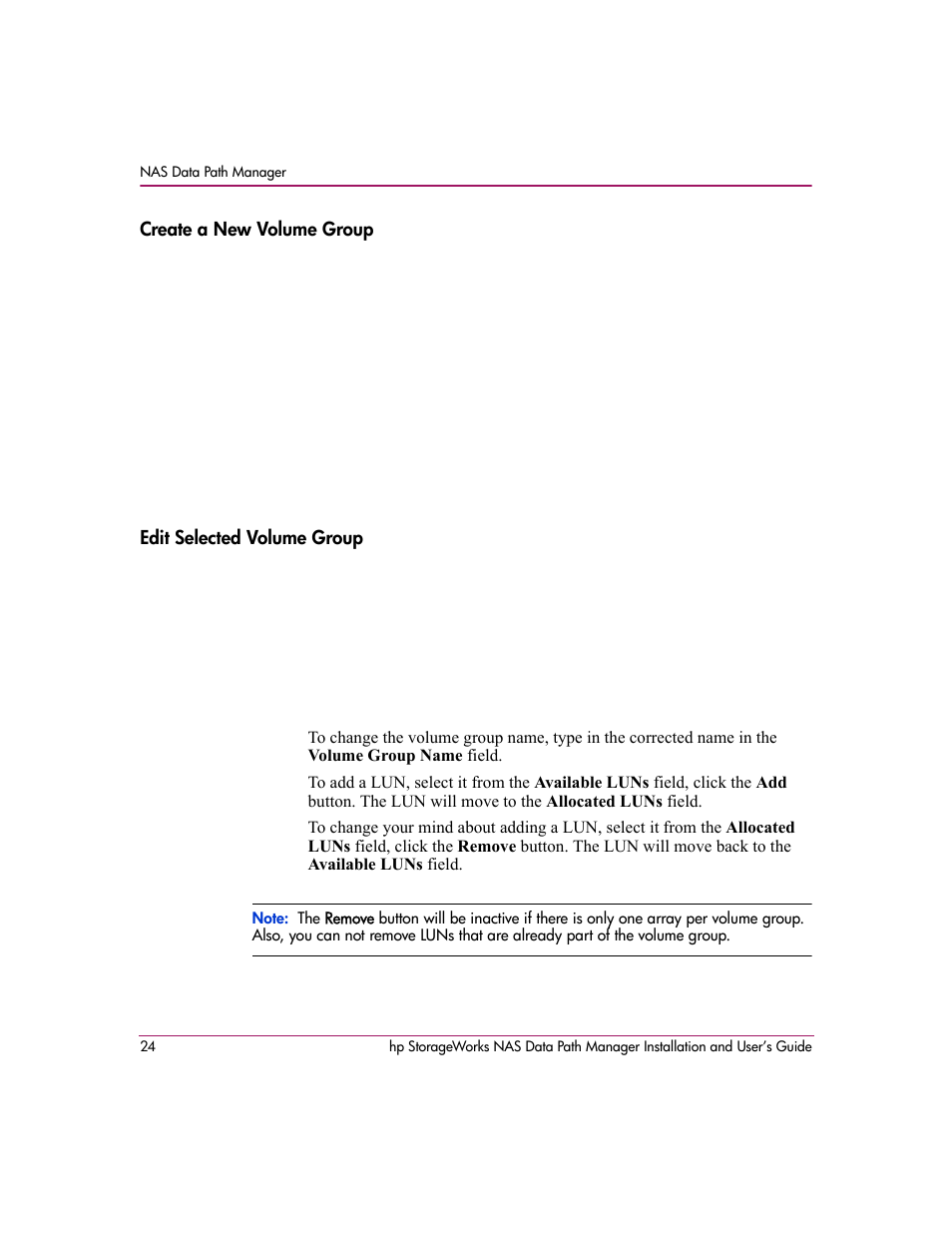 Create a new volume group, Edit selected volume group | HP StorageWorks NAS Data Path Manager Software User Manual | Page 24 / 42