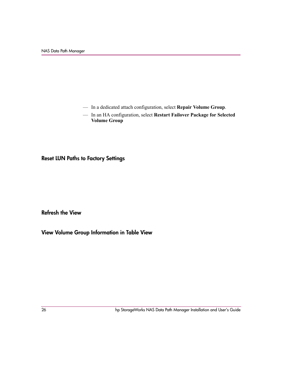 Reset lun paths to factory settings, Refresh the view, View volume group information in table view | HP StorageWorks NAS Data Path Manager Software User Manual | Page 26 / 42