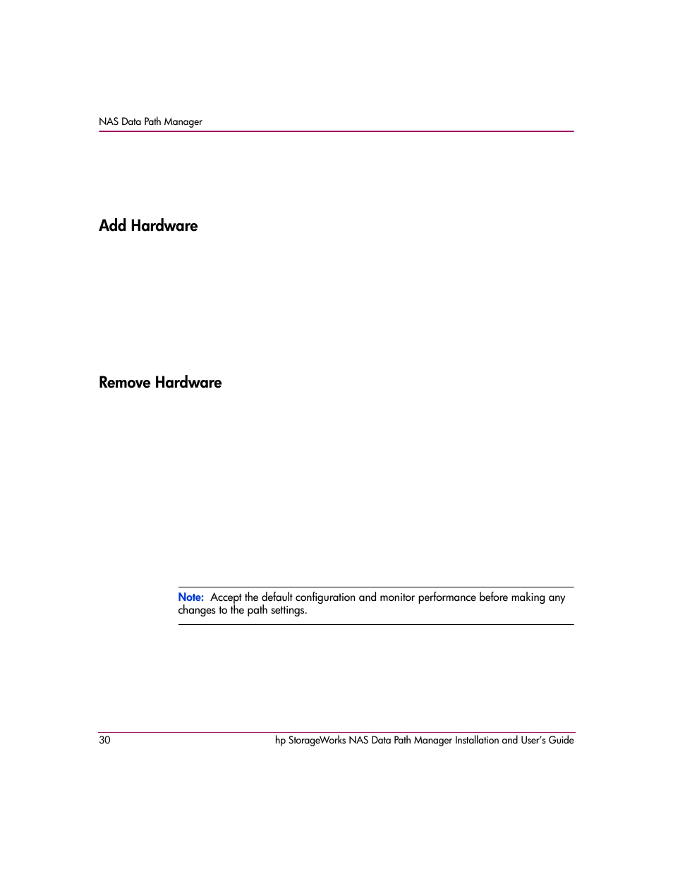 Add hardware, Remove hardware, Add hardware remove hardware | HP StorageWorks NAS Data Path Manager Software User Manual | Page 30 / 42