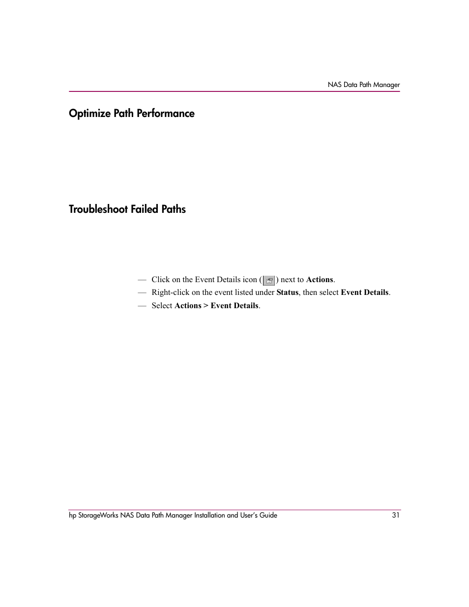 Optimize path performance, Troubleshoot failed paths | HP StorageWorks NAS Data Path Manager Software User Manual | Page 31 / 42