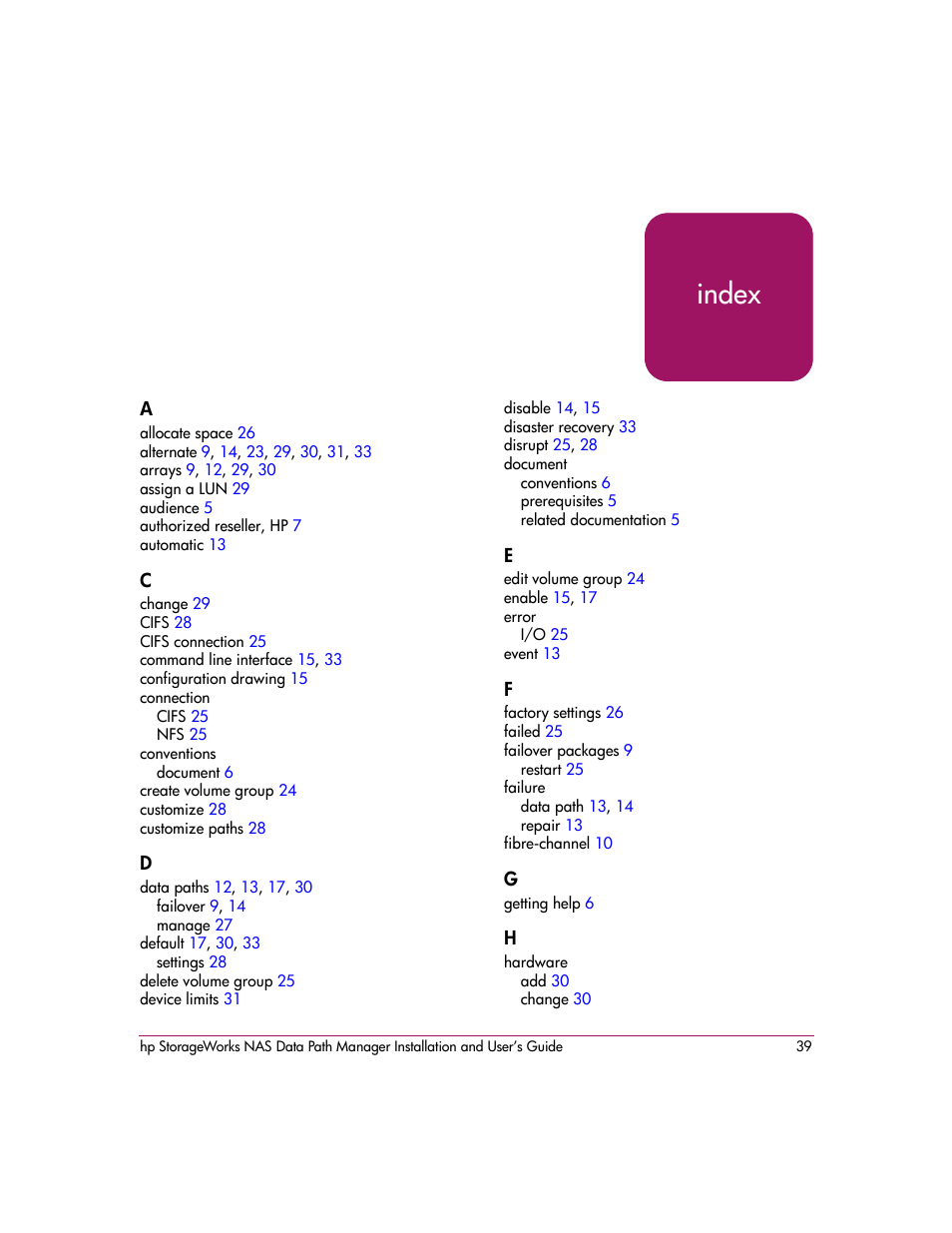 Index, Index index | HP StorageWorks NAS Data Path Manager Software User Manual | Page 39 / 42