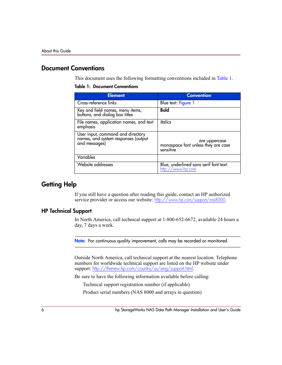 Document conventions, Table 1: document conventions, Getting help | Hp technical support, Document conventions getting help | HP StorageWorks NAS Data Path Manager Software User Manual | Page 6 / 42