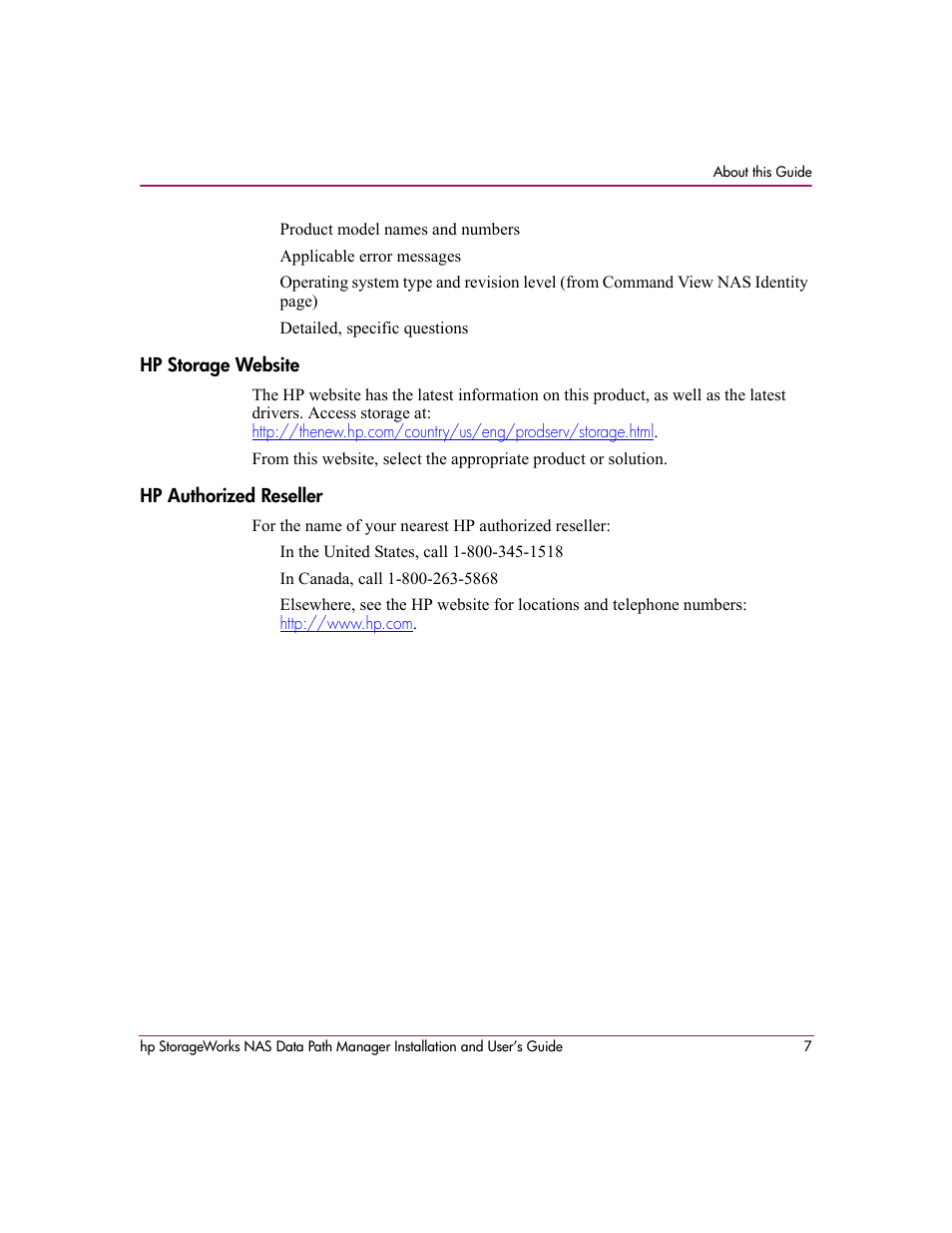 Hp storage website, Hp authorized reseller, Hp storage website hp authorized reseller | HP StorageWorks NAS Data Path Manager Software User Manual | Page 7 / 42