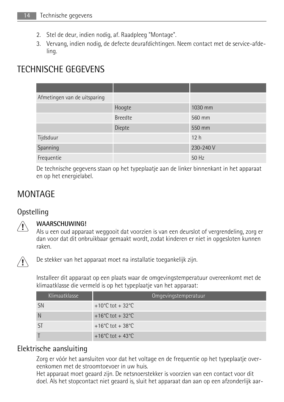 Technische gegevens, Montage, Opstelling | Elektrische aansluiting | AEG SKS51040S0 User Manual | Page 14 / 92