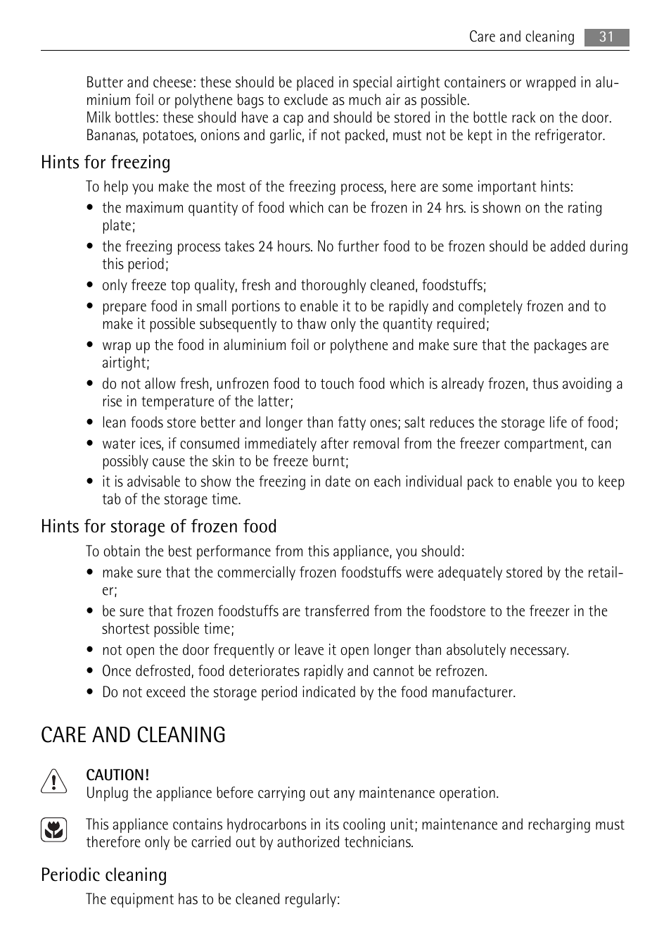 Care and cleaning, Hints for freezing, Hints for storage of frozen food | Periodic cleaning | AEG SKS51040S0 User Manual | Page 31 / 92