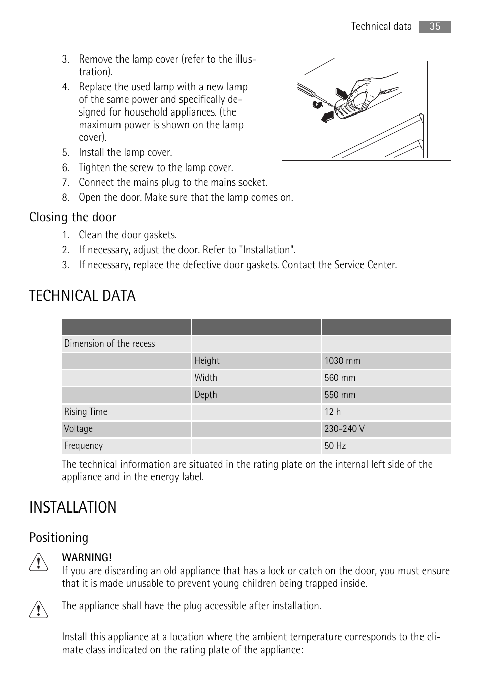 Technical data, Installation, Closing the door | Positioning | AEG SKS51040S0 User Manual | Page 35 / 92