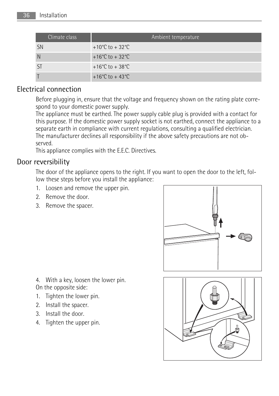 Electrical connection, Door reversibility | AEG SKS51040S0 User Manual | Page 36 / 92