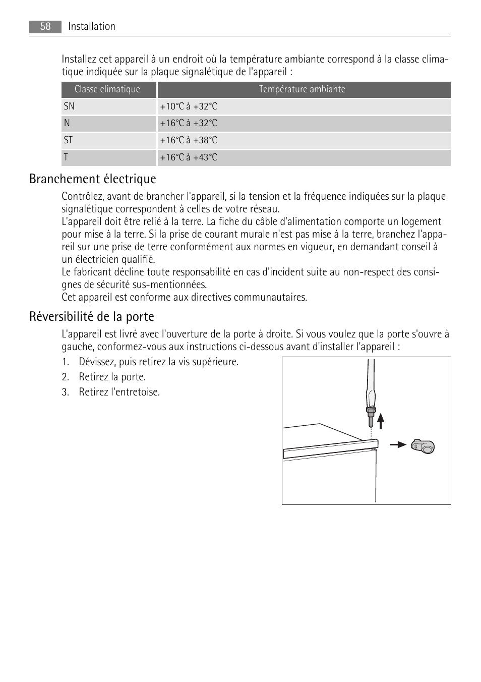 Branchement électrique, Réversibilité de la porte | AEG SKS51040S0 User Manual | Page 58 / 92