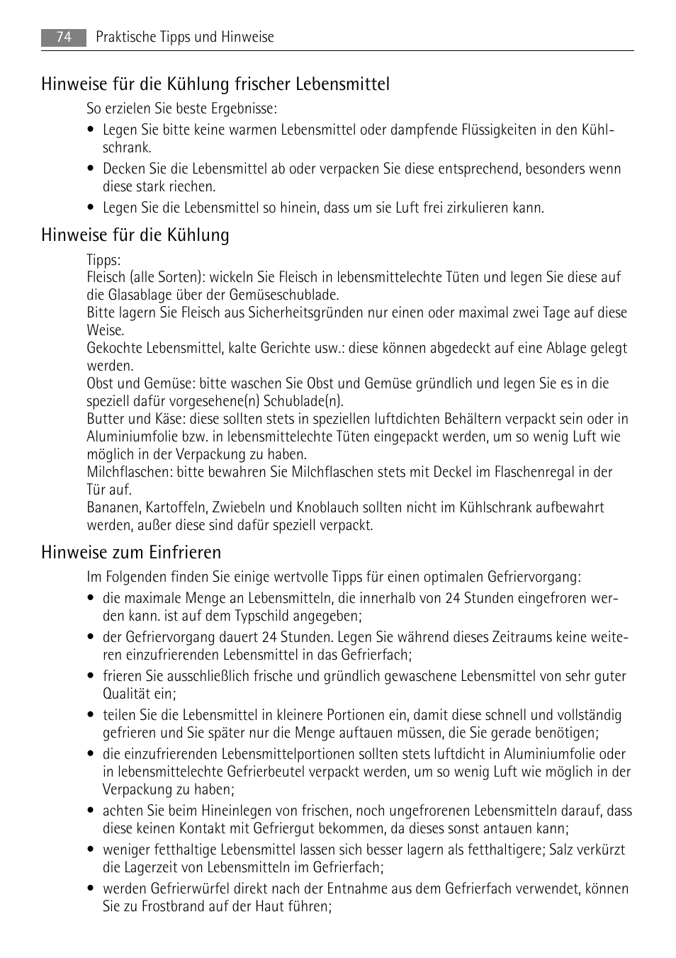 Hinweise für die kühlung frischer lebensmittel, Hinweise für die kühlung, Hinweise zum einfrieren | AEG SKS51040S0 User Manual | Page 74 / 92