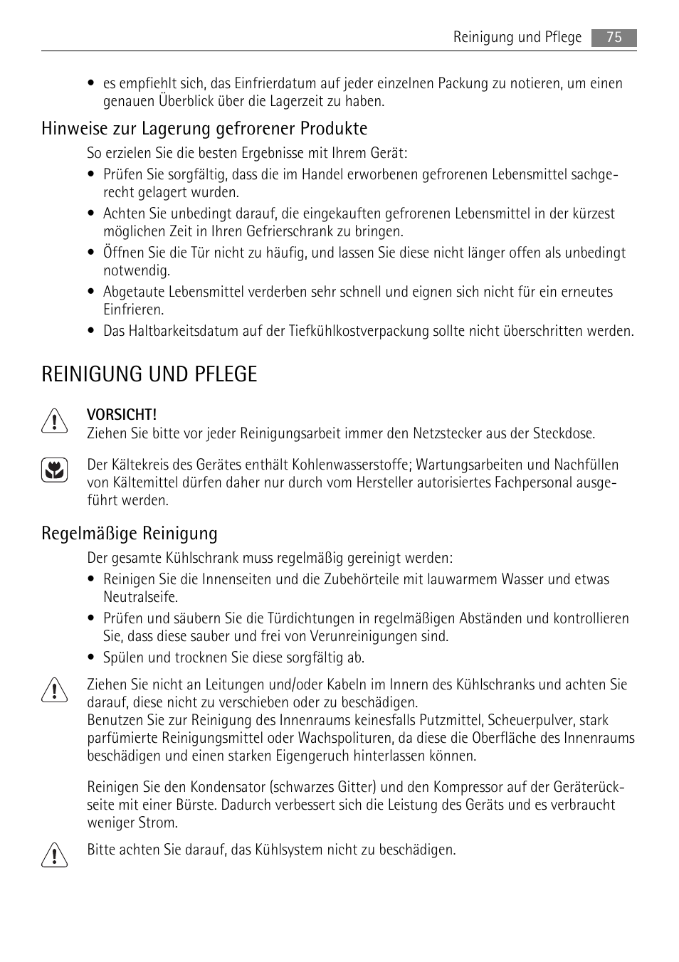 Reinigung und pflege, Hinweise zur lagerung gefrorener produkte, Regelmäßige reinigung | AEG SKS51040S0 User Manual | Page 75 / 92