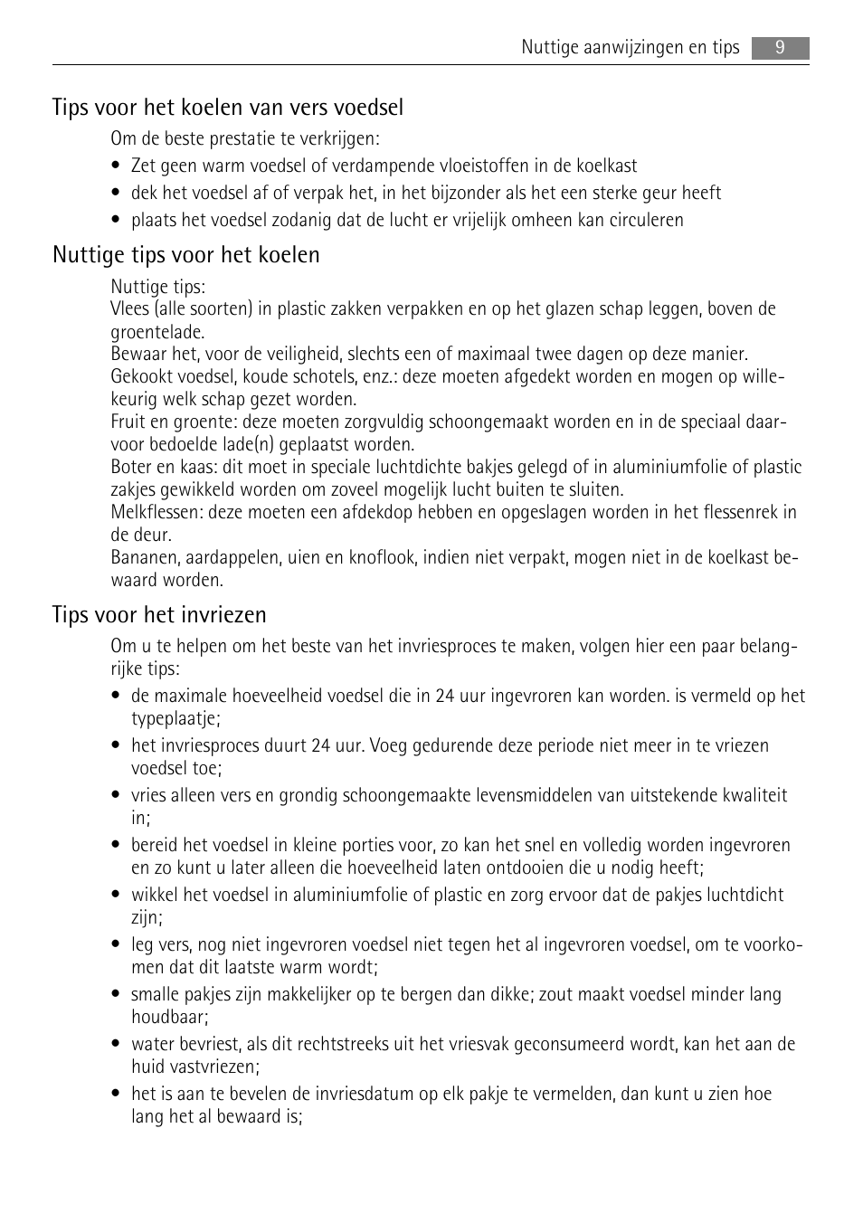 Tips voor het koelen van vers voedsel, Nuttige tips voor het koelen, Tips voor het invriezen | AEG SKS51040S0 User Manual | Page 9 / 92