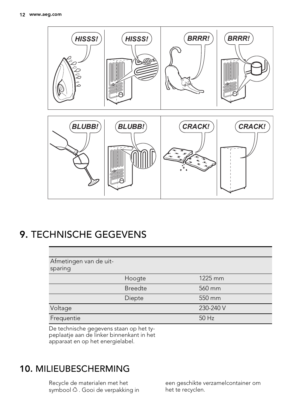 Technische gegevens, Milieubescherming | AEG SKS51200F0 User Manual | Page 12 / 64