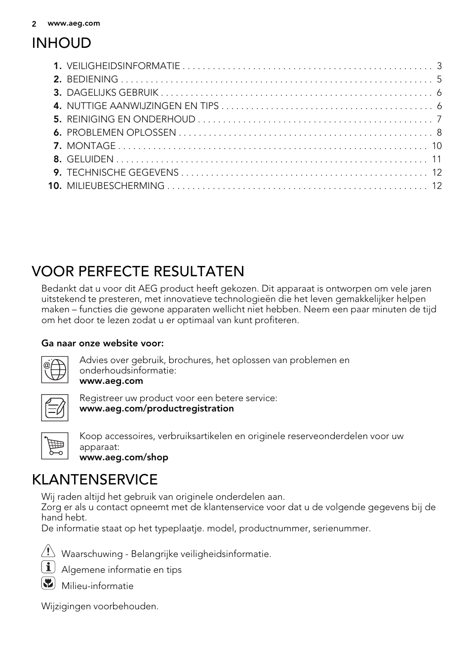 Inhoud, Voor perfecte resultaten, Klantenservice | AEG SKS51200F0 User Manual | Page 2 / 64