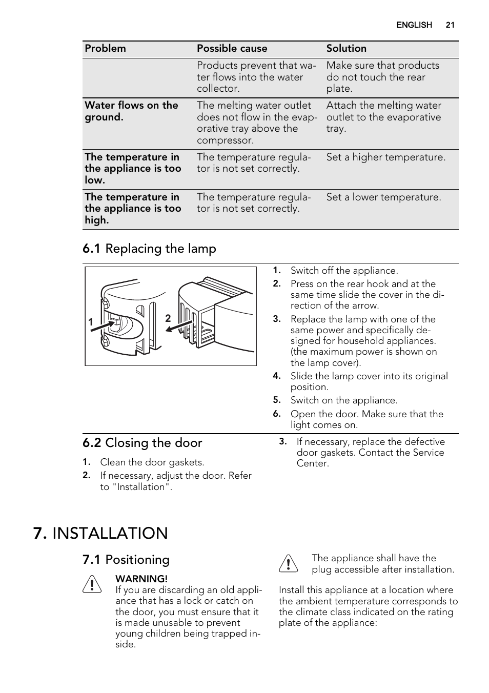 Installation, 1 replacing the lamp, 2 closing the door | 1 positioning | AEG SKS51200F0 User Manual | Page 21 / 64