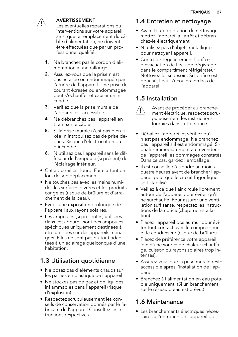 3 utilisation quotidienne, 4 entretien et nettoyage, 5 installation | 6 maintenance | AEG SKS51200F0 User Manual | Page 27 / 64