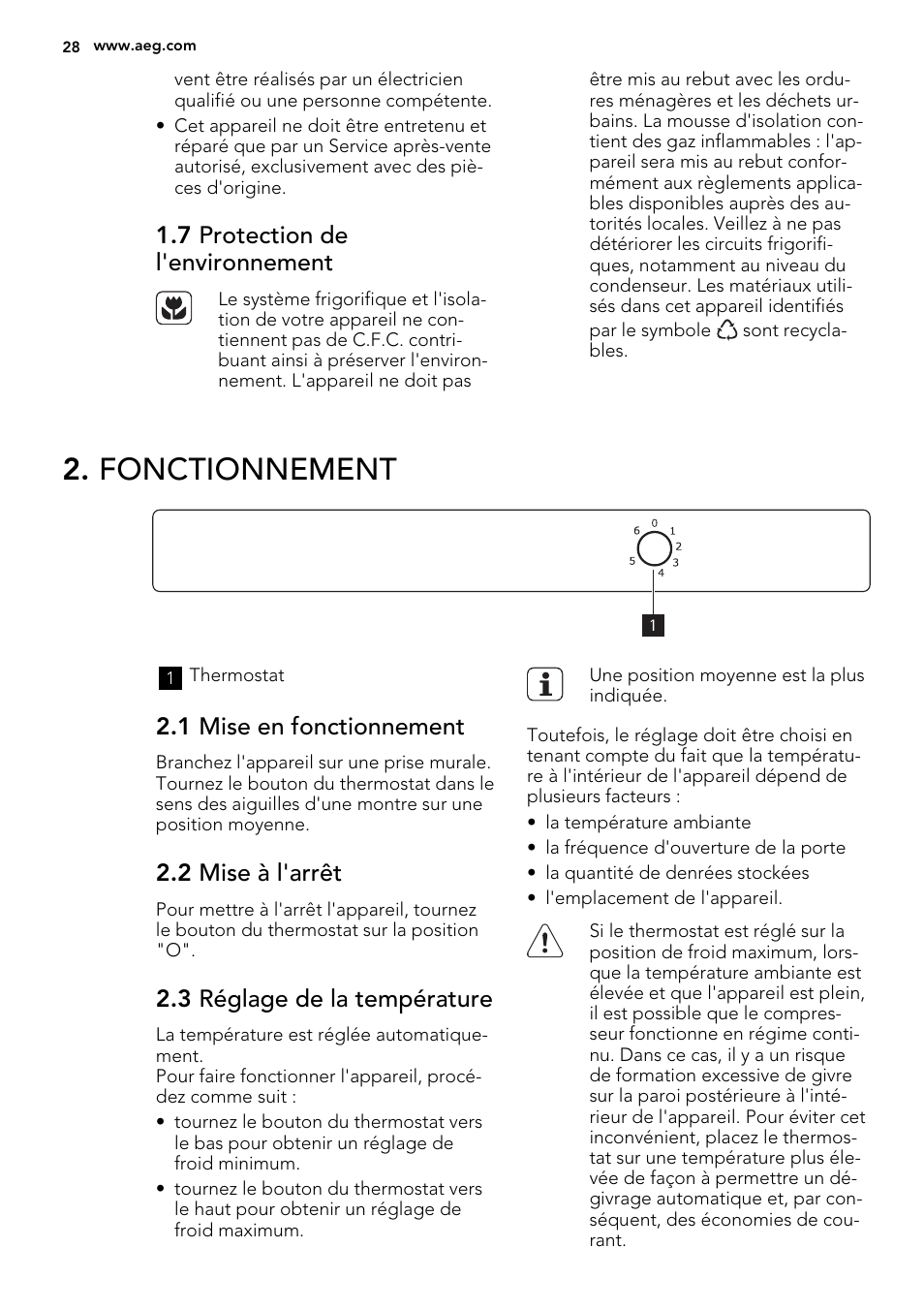 Fonctionnement, 7 protection de l'environnement, 1 mise en fonctionnement | 2 mise à l'arrêt, 3 réglage de la température | AEG SKS51200F0 User Manual | Page 28 / 64