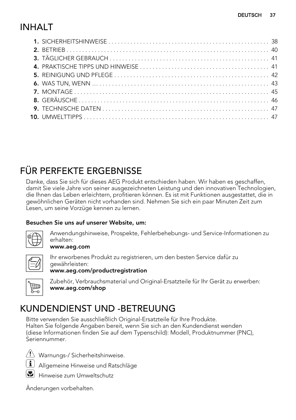 Inhalt, Für perfekte ergebnisse, Kundendienst und -betreuung | AEG SKS51200F0 User Manual | Page 37 / 64