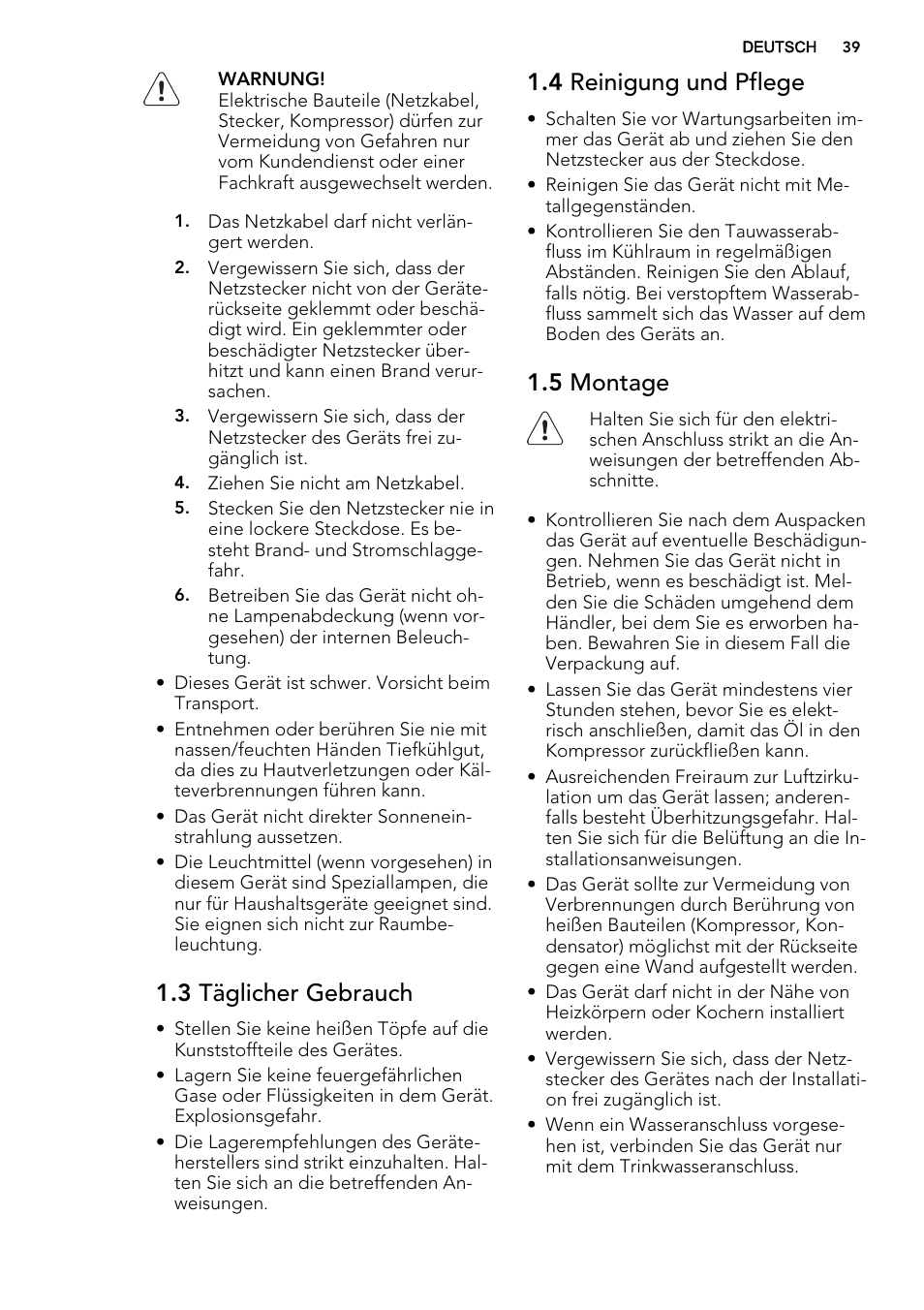 3 täglicher gebrauch, 4 reinigung und pflege, 5 montage | AEG SKS51200F0 User Manual | Page 39 / 64