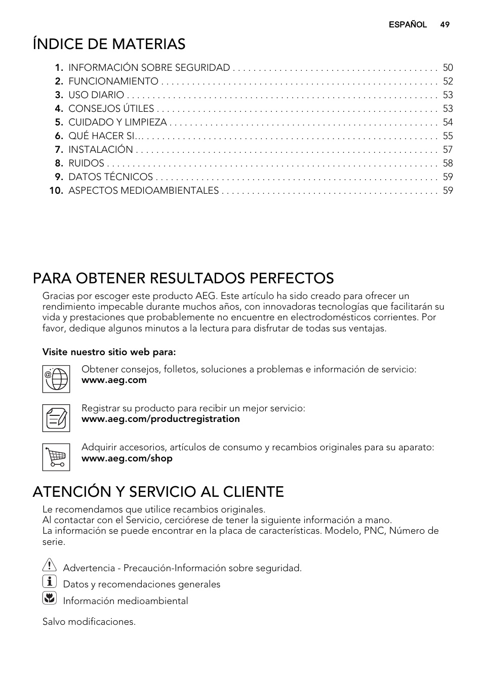 Índice de materias, Para obtener resultados perfectos, Atención y servicio al cliente | AEG SKS51200F0 User Manual | Page 49 / 64