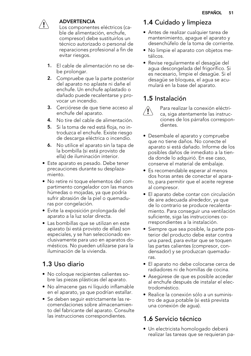 3 uso diario, 4 cuidado y limpieza, 5 instalación | 6 servicio técnico | AEG SKS51200F0 User Manual | Page 51 / 64