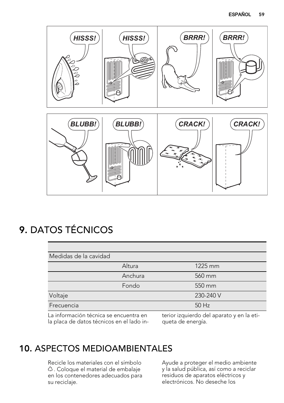 Datos técnicos, Aspectos medioambientales | AEG SKS51200F0 User Manual | Page 59 / 64