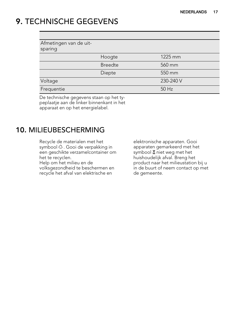 Technische gegevens, Milieubescherming | AEG SKS51200S0 User Manual | Page 17 / 88