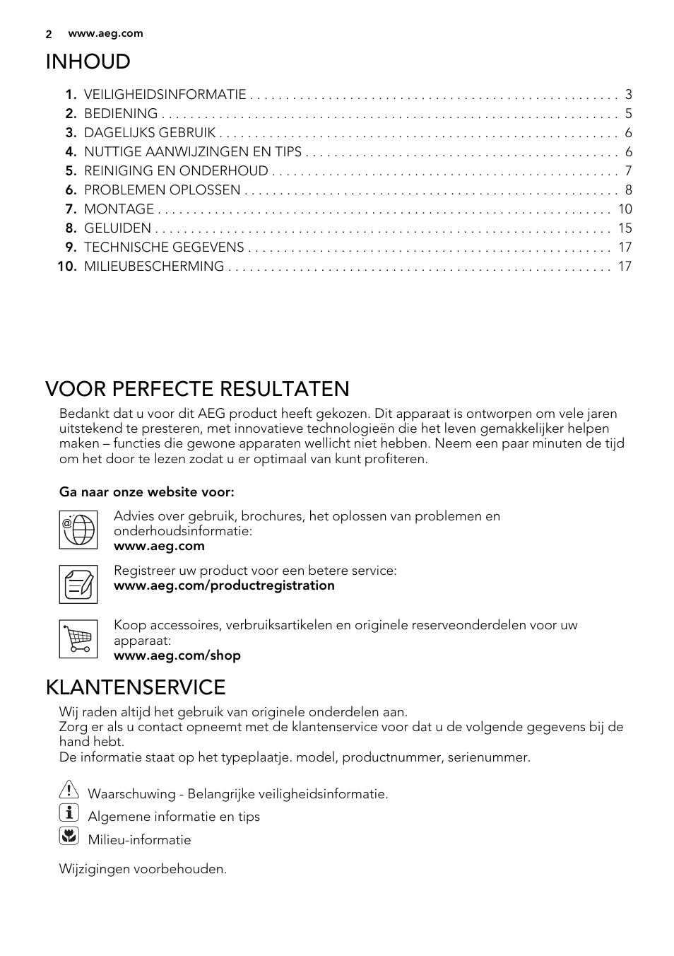 Inhoud, Voor perfecte resultaten, Klantenservice | AEG SKS51200S0 User Manual | Page 2 / 88