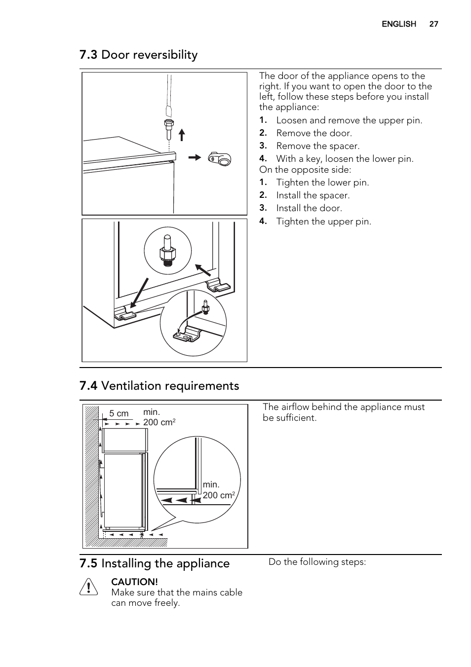 3 door reversibility, 4 ventilation requirements, 5 installing the appliance | AEG SKS51200S0 User Manual | Page 27 / 88